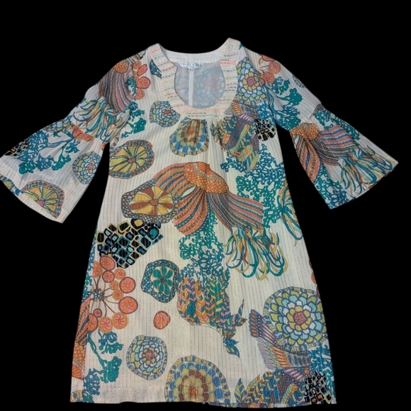 Trina Turk U Neck Bell Sleeve Cotton/Metallic Stripes Colorful Shift Dress Sz 6 - Picture 1 of 10